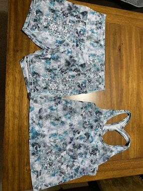 lululemon athletica Blue and Gray Watercolor Racerback Tank & Shorts Set